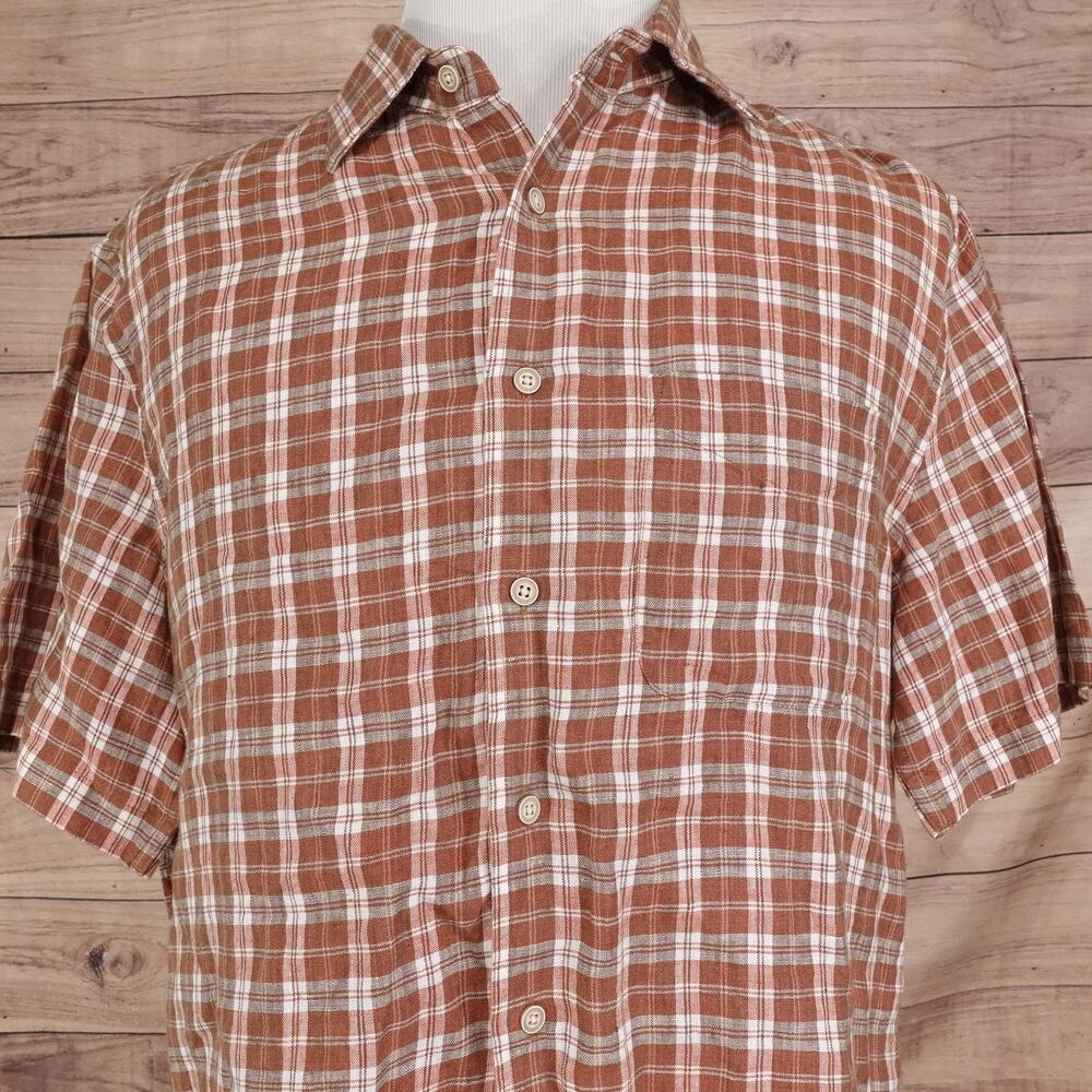 Joseph Abboud Shirt Mens Large Brown Plaid Short Sleeve 100%‎ Linen Button Up